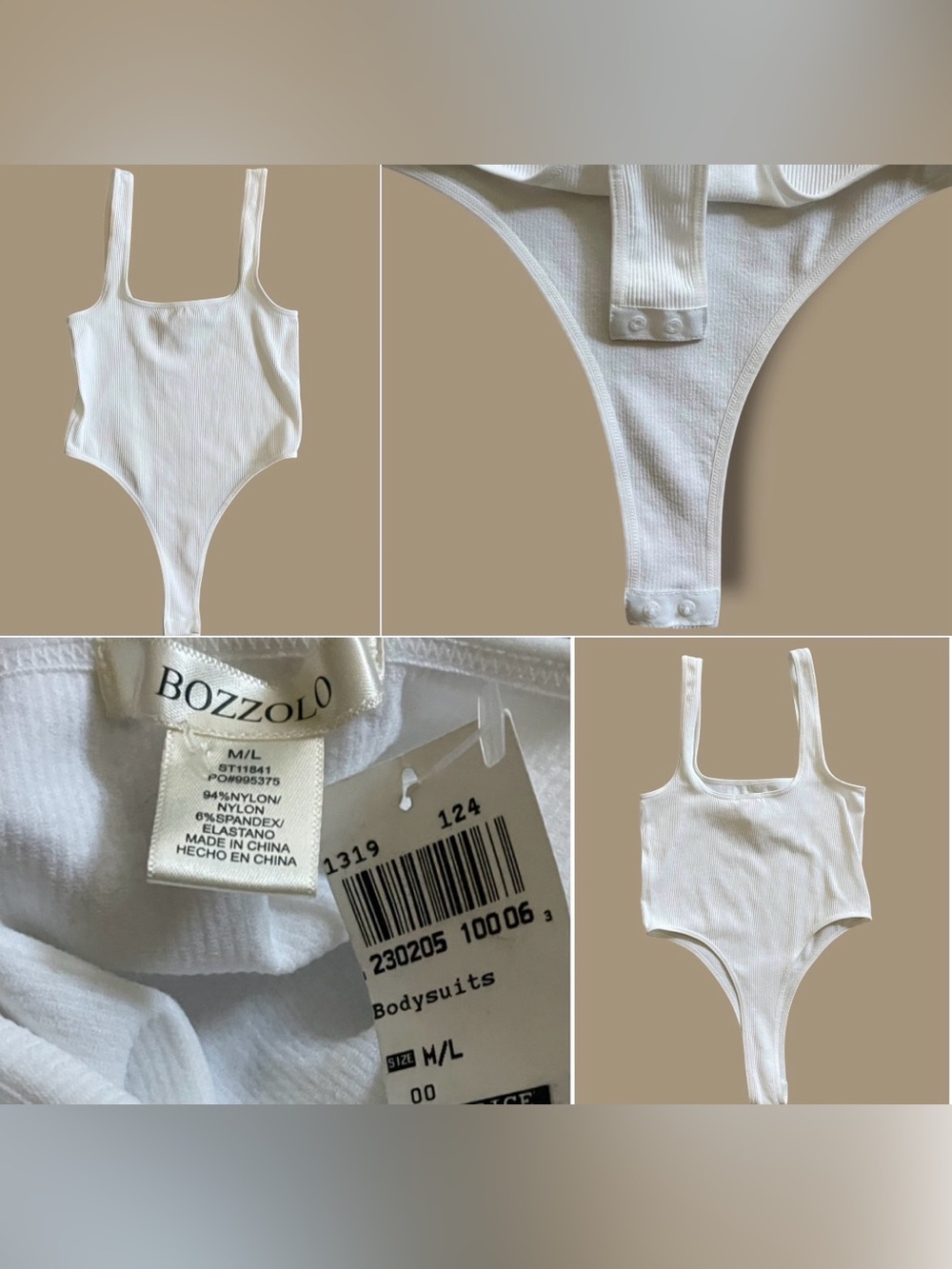 Bozzolo White Ribbed Sleeveless Square Neck Bodysuit